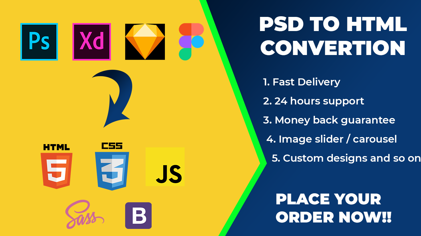 I will convert xd, sketch, PSD, figma to html css javascript, FiverrBox