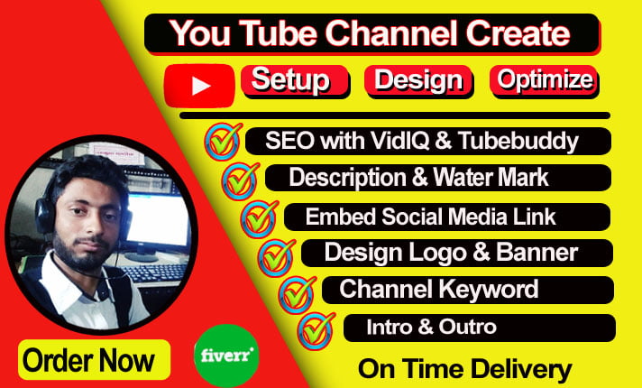 I will professionally create a youtube channel with design, setup, and optimize, FiverrBox