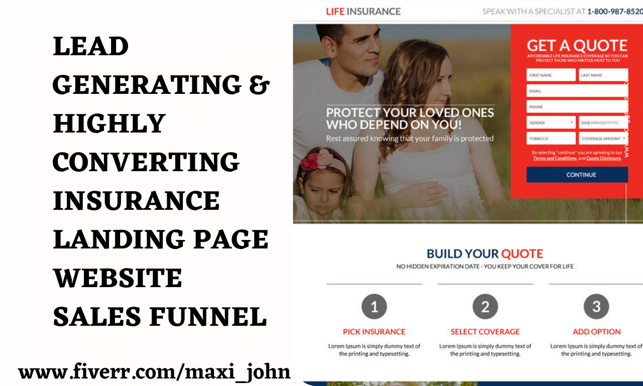 I will build insurance landing page insurance website life insurance leads sales funnel, FiverrBox